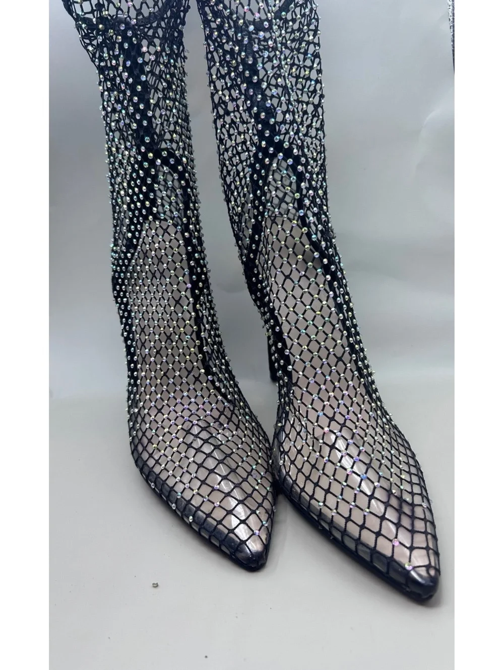 Black Rhinestone Mesh Ankle Boots Women's Size 8 Pointed Toe Stiletto Booties